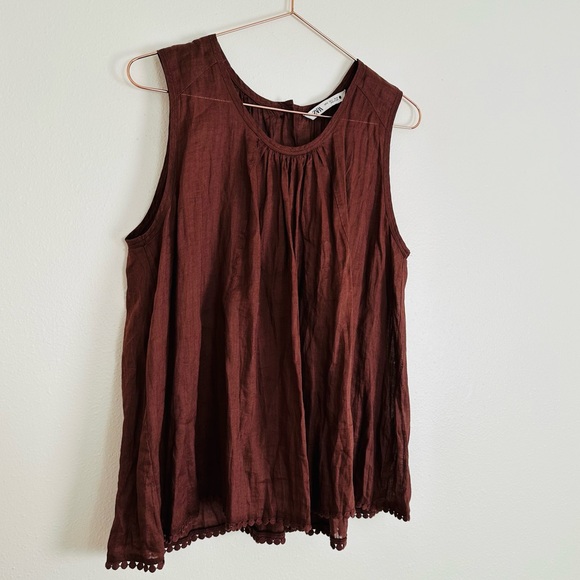 Zara Brown ramie passementerie boho Sleeveless buttoned back Blouse top - Picture 12 of 15